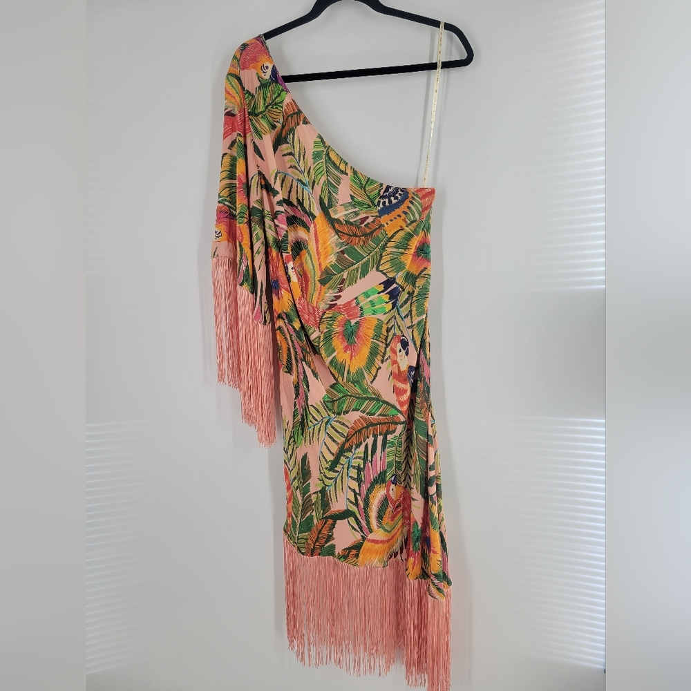 FARM Rio One-Shoulder Tropical Fringe Midi Dress - Green, Pink, Orange, Yellow - Picture 4 of 11